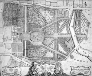 Um mapa do palácio real e jardins de Kensington, Londres, 1736